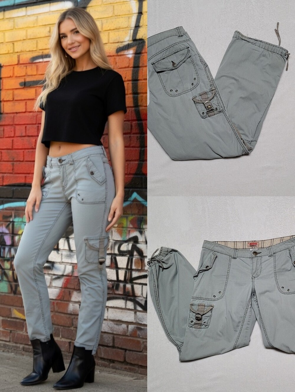 Rare Vintage 90s NoBo Distressed Olive Green Low Waisted Flared Cargo Pants L